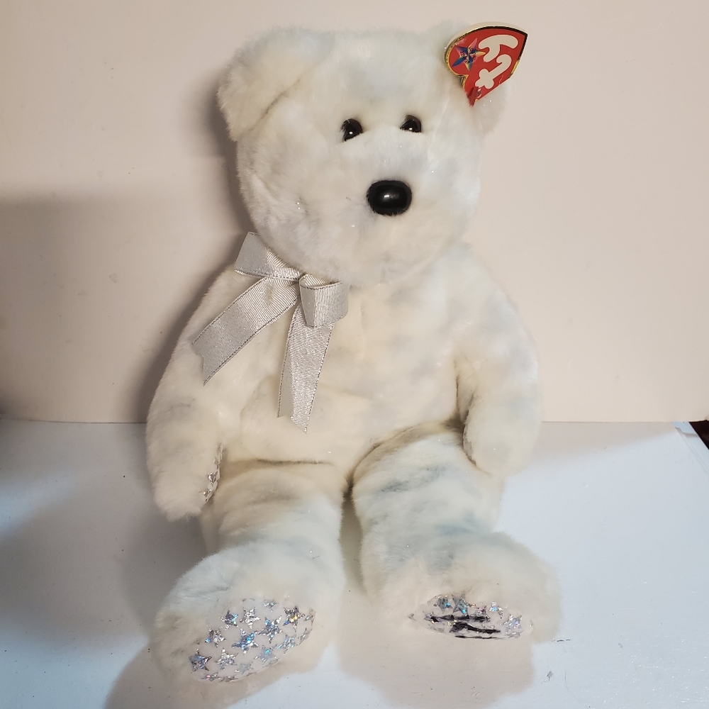 The Beginning Bear Ty Beanie Baby Rare-Find (2000), 13 inches, White and silver